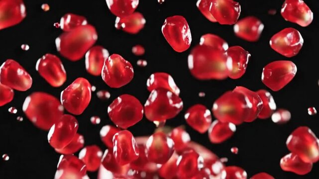 Slow motion shot of pomegranate seeds bursting from the fruit against a black background