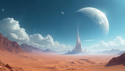Fototapeta premium Alien desert landscape with futuristic city spire complex. Giant moon hangs in blue sky with scattered stars and clouds. Barren terrain stretches toward distant mountains under celestial bodies.