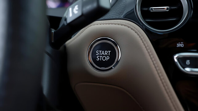 Close-up of a car's interior showing the start/stop button on the ignition, modern vehicle technology.