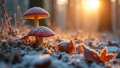 Fototapeta premium Two red mushrooms dusted with snow in a forest at sunrise. Frost covers the ground and fallen leaves. Warm sunbeams illuminate the tranquil natural scene.