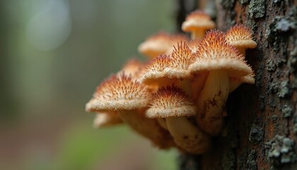 Fototapeta premium Group of scalycap mushrooms grow on tree bark. Small orange and brown fungi cluster on wood in forest. Wild shroom plant on trunk during autumn.