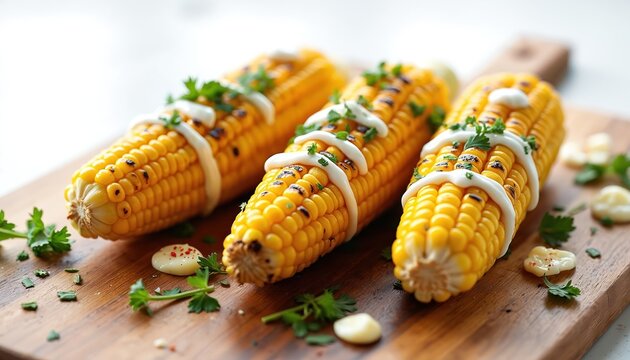 Three grilled corn cobs with white sauce and parsley sit on a wooden board. The kernels are golden yellow with dark grill marks. A delicious summer food ready to be eaten and enjoyed.