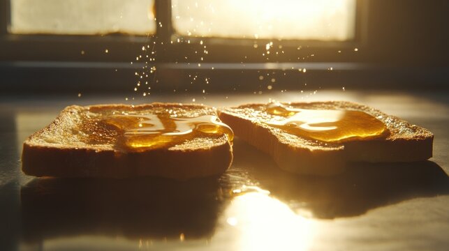 Honey drizzled toast closeup food photography