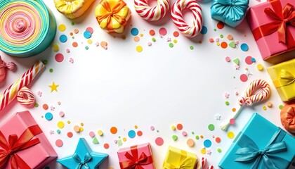 Fototapeta premium Festive arrangement of colorful gifts, sweets. Bright party favors like lollipops candy canes, confetti create joyful holiday atmosphere. Top view presents decorated with ribbons on white background.