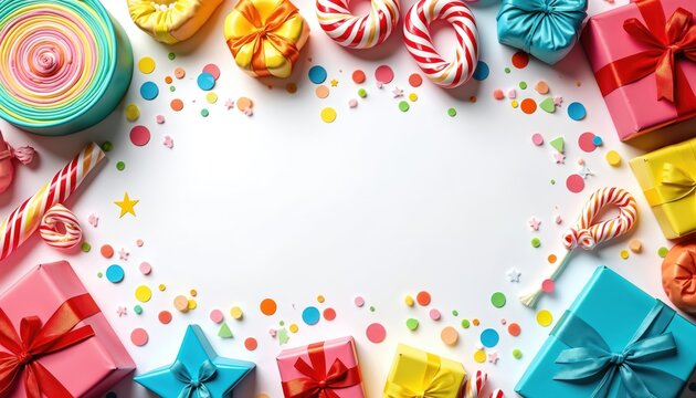 Festive arrangement of colorful gifts, sweets. Bright party favors like lollipops candy canes, confetti create joyful holiday atmosphere. Top view presents decorated with ribbons on white background.