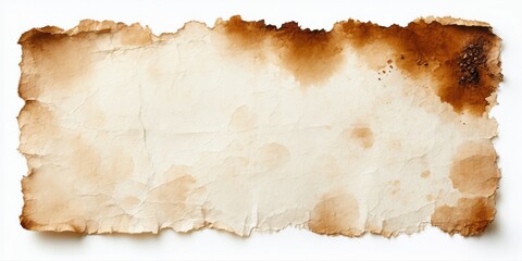 Fototapeta premium Old paper fragment. Burned edges, stains present. Texture suggests age, fragility. Light background contrasts dark areas.