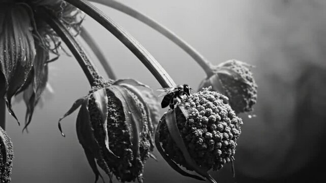 Black and white close up of a bee taking off and landing on a seed head of a drooping flower