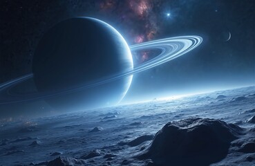 Fototapeta premium Alien planet surface view with large ringed planet in sky. Distant starfield and nebula colors add depth to cosmic expanse. Moon crescent visible near horizon.