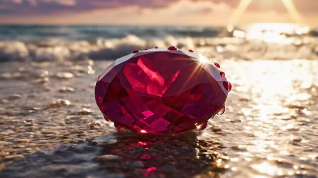 Sparkling radiant ruby gemstone rests on the sandy beach at sunset, ocean waves gently wash around it