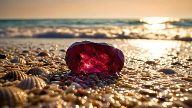 Sparkling crimson gemstone illuminated by the warm sunlight on a sandy beach as gentle waves wash ashore