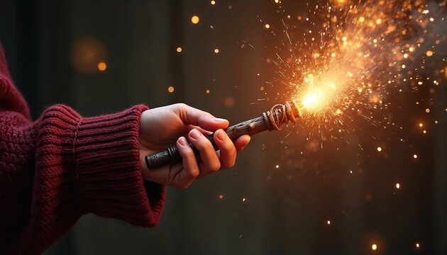 Hand holds magical wand creating bright sparks and glowing light particles. Fantasy spell casting, wizardry power, enchantment, imagination. Dark background with bokeh effect.
