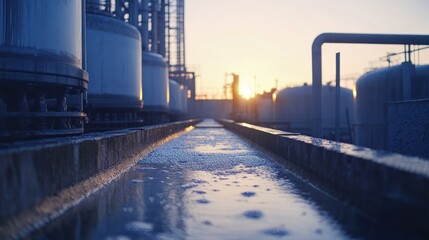 Obraz premium Industrial water channel flow at sunset