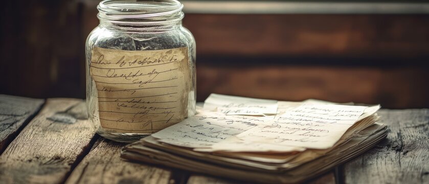 Vintage handwritten notes and glass jar