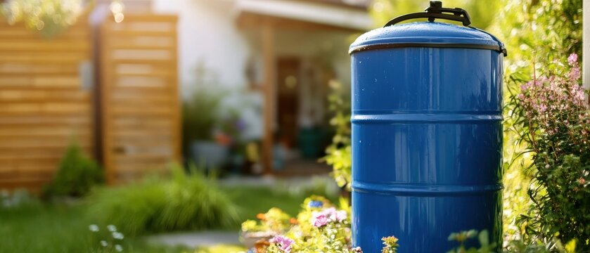 Blue water barrel in a sunny garden
