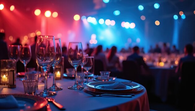 Elegant dinner setting with wine glasses, plates, and candles. Guests mingle indoors under colorful stage lights, creating a festive atmosphere for a celebration or corporate event.