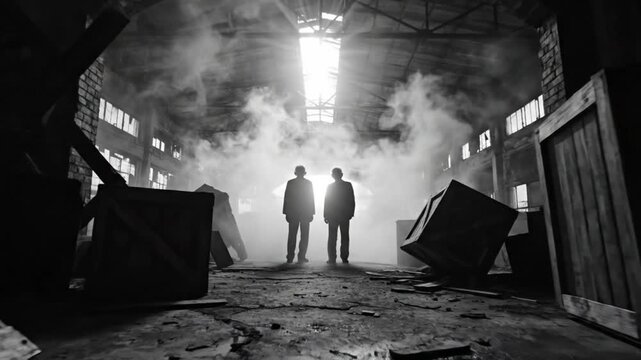 Two figures stand in a dilapidated warehouse, bathed in dramatic light amid smoke and debris, capturing a mysterious atmosphere.