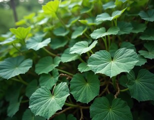 Obraz premium Kudzu plant with large green leaves and thick vines grows wild. Rich foliage covers forest floor and climbs trees. Natural beauty reveals plant structure.