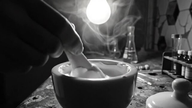Mysterious potion being mixed in a laboratory with a glowing lightbulb and smoke rising