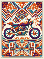 Fototapeta premium Geometric motorcycle illustration with art deco border
