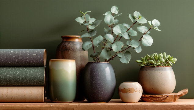 Minimalist Home Decor with Ceramic Vases and Eucalyptus