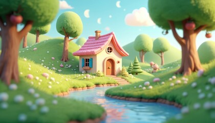 Naklejka premium Small cute fairytale house sits beside flowing river in green spring valley. Cartoon trees dot rolling hills under blue sky with moon shapes. Peaceful idyllic landscape illustration.