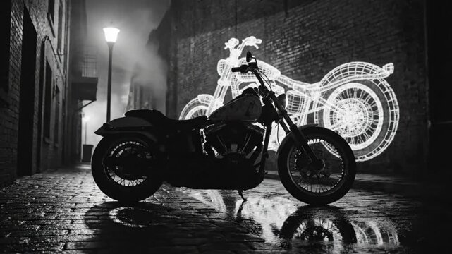 Black and white shot of motorcycle parked on a wet cobblestone street at night in front of a wireframe projection