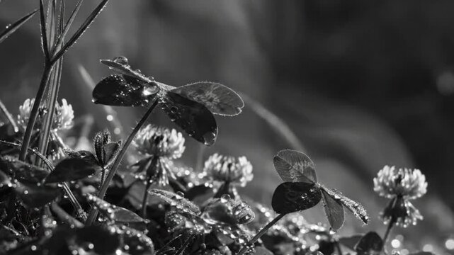 Black and White Macro Close Up of Clover with Water Droplets in a Soft Natural Sunlight Bokeh