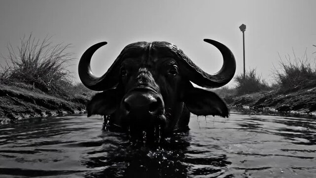 Powerful African Buffalo Cools Off Submerged in Water on a Hot Day, Black and White Wildlife Nature Scene