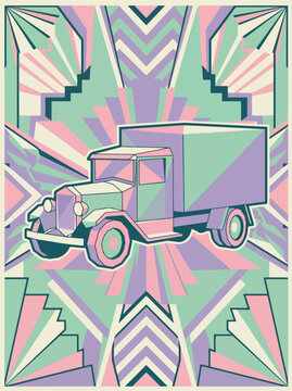 Vintage box truck geometric poster in pastel colors