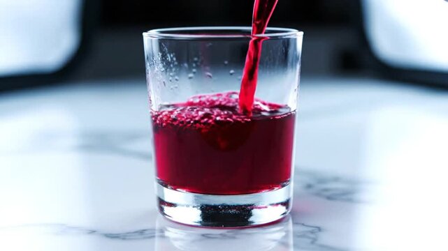 Pouring vibrant red juice into a glass, creating bubbles and filling the shot glass with liquid, delicious drink