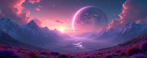 Fototapeta premium Vast alien valley with purple flora under big planet sky. Mountains rise near winding river valley. Strange pink clouds drift over otherworldly scenery.