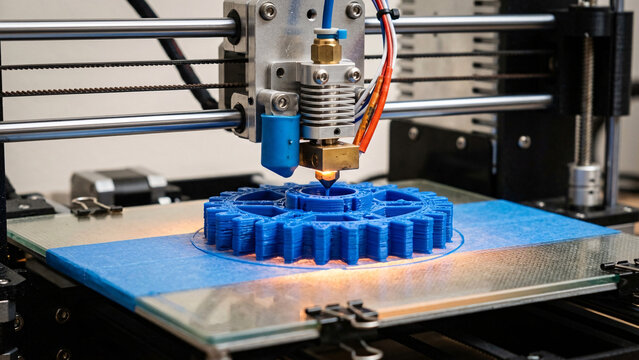 Desktop 3D printer creating a blue plastic gear on glass bed, industrial prototyping concept