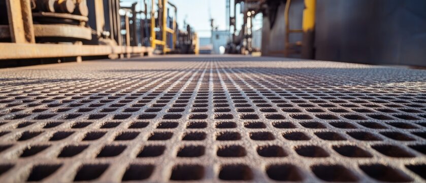 Industrial metal grid floor close up