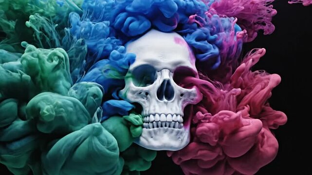 Colorful ink clouds explode around a white human skull against a dark black background, abstract art