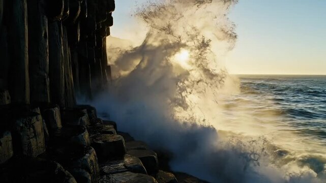 Epic waves crash against basalt columns during a golden sunrise, creating a dramatic coastal scene