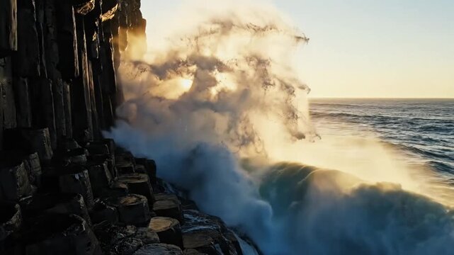 Epic ocean wave crashing against towering basalt cliffs at sunrise, creating a beautiful display of nature's power and beauty.