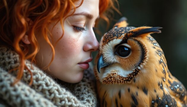 Red haired woman shares intimate moment with owl. Close profile of person and bird in forest. Gentle connection and trust between human and wild animal.