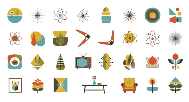 Midcentury modern design elements furniture, decor, patterns. Suitable for retrothemed projects, vintage aesthetic designs, or nostalgic content.