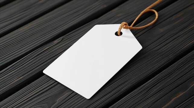 Clean white price tag with string on dark wood surface for retail mockup