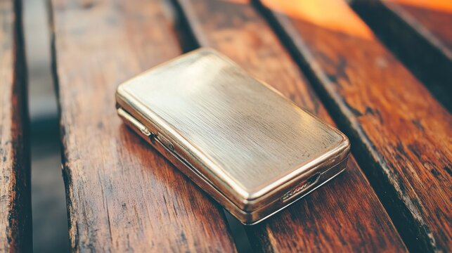 Silver cigarette case on wooden surface