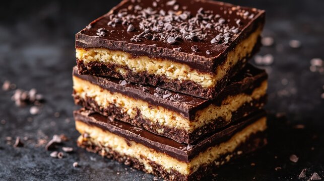 Stacked chocolate dessert bars with rich filling and shavings