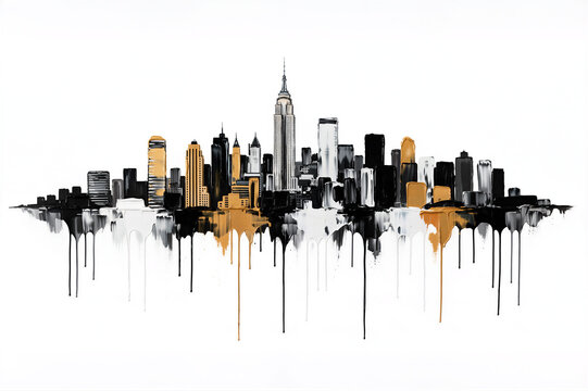 Abstract New York skyline painting with dripping paint and gold accents