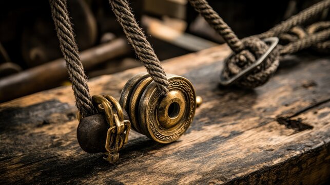 Vintage ship rigging detail on wooden deck