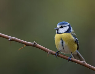 Fototapeta premium Small blue tit bird sits on a tree branch. Cute bird with yellow chest and blue head feathers. Wild animal rests in nature environment. This bird is common in gardens and parks.