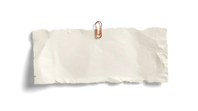 Torn paper note with copper paperclip on white background, blank for notes or reminders, office stationary, simple design element