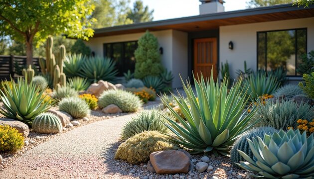 Desert garden landscape design with xeriscape plants. Drought tolerant cacti agaves and succulents grow along gravel path near modern home exterior.