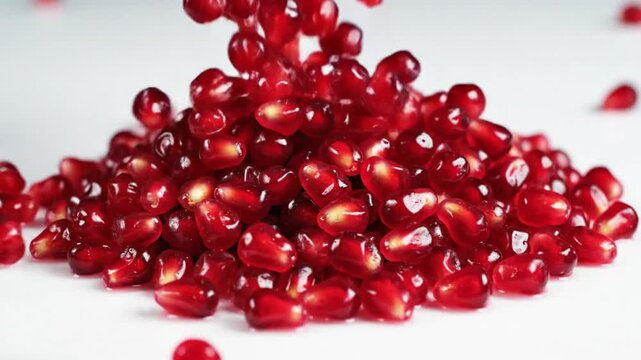 Fresh red pomegranate seeds pouring and falling onto a clean white surface in a close-up shot
