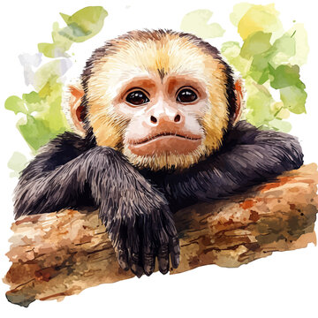 Capuchin Monkey, graceful vector watercolor painting with soft flowing strokes and subtle highlights, isolated on a white background.