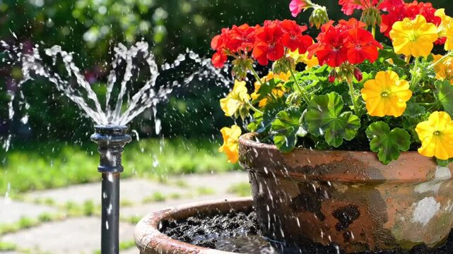 Water sprinkler watering a vibrant flower pot with red and yellow geraniums in a lush garden on a sunny day