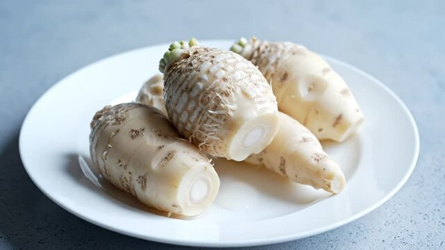 Close-up of fresh taro root vegetables arranged on a white plate ready for cooking and culinary use